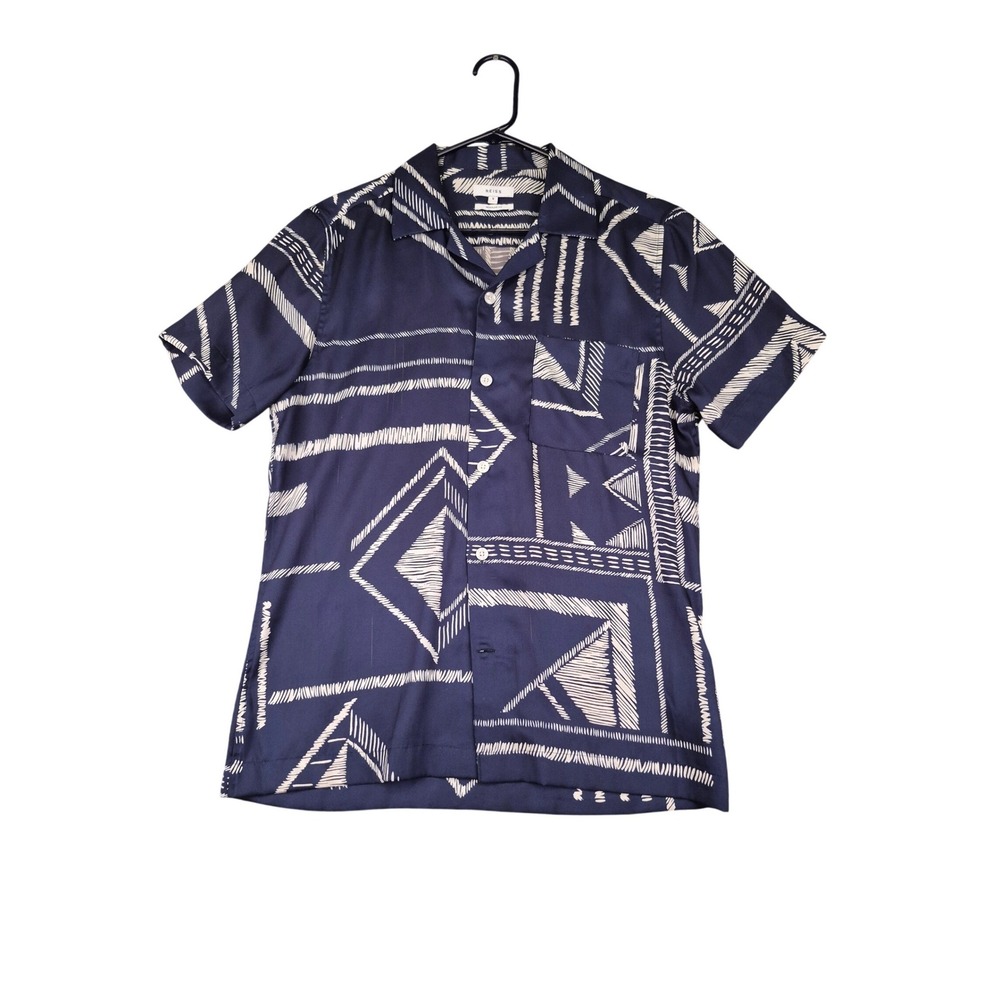Reiss Mens Navy Blue White Geometric Print Short Sleeve Button Down Shirt Small